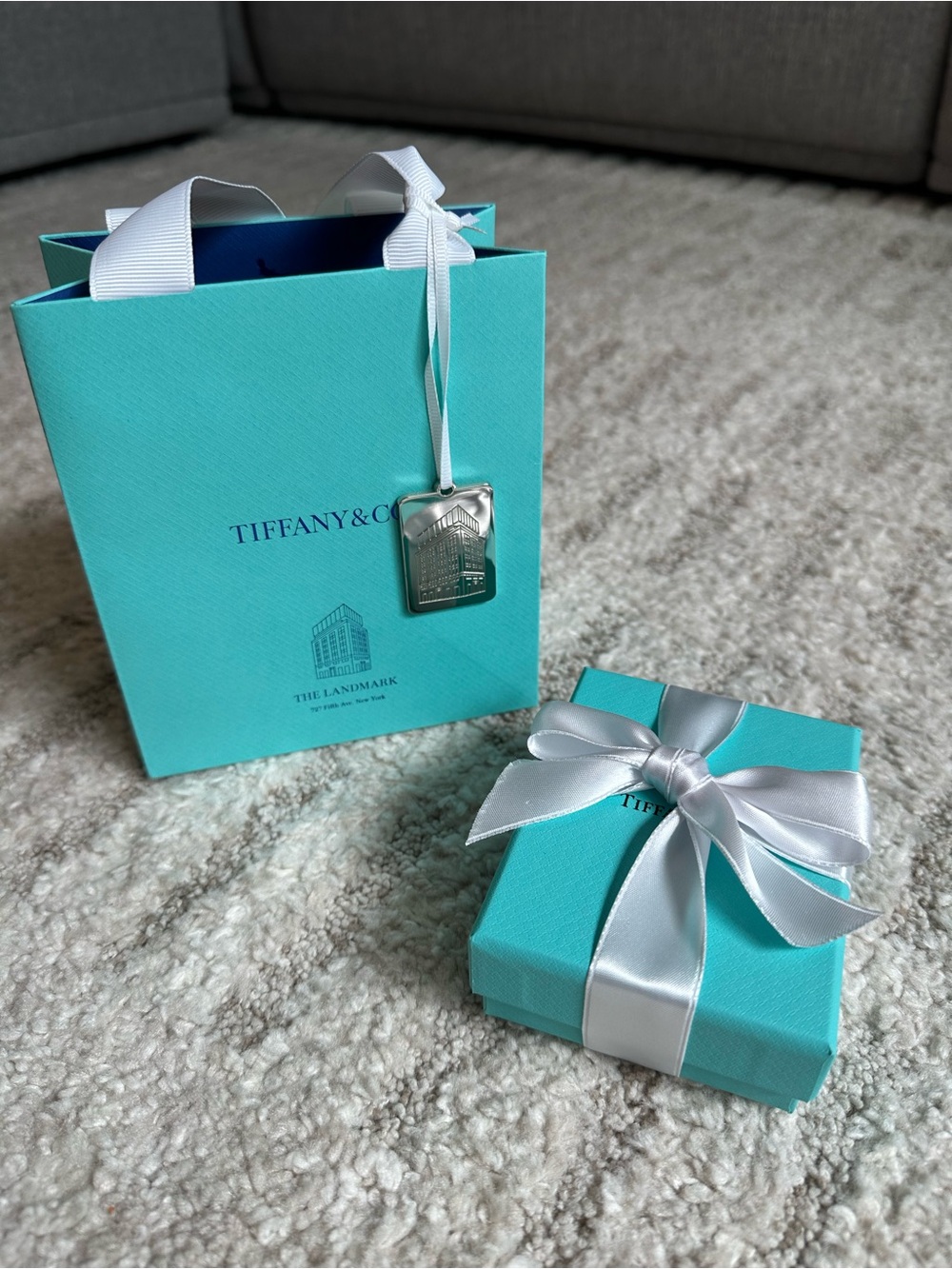 Tiffany & Co. Landmark New York packaging Blue Gift box and bag with charm